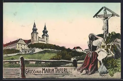 AK Maria Taferl, Ortsansicht und Frau an einem Wegkreuz kniend