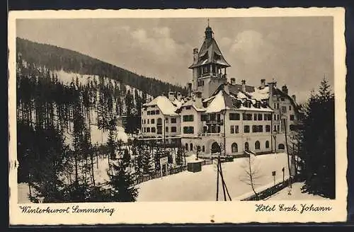 AK Semmering, Hotel Erzh. Johann im Schnee