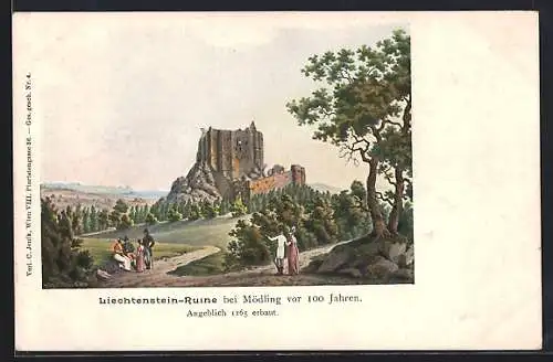 Künstler-AK Mödling, Liechtenstein-Ruine vor 100 Jahren