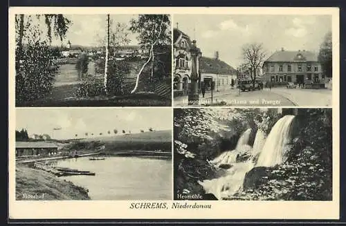 AK Schrems, Hauptplatz m. Sparkasse, Moorbad, Heumühle