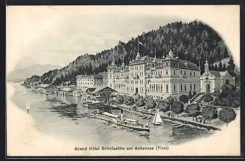 Künstler-AK Achensee /Tirol, Grand Hotel Scholastika mit Dampfer
