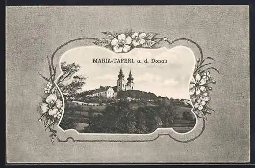 AK Maria-Taferl a. d. Donau, Blick auf die Kirche, Blumen-Passepartout