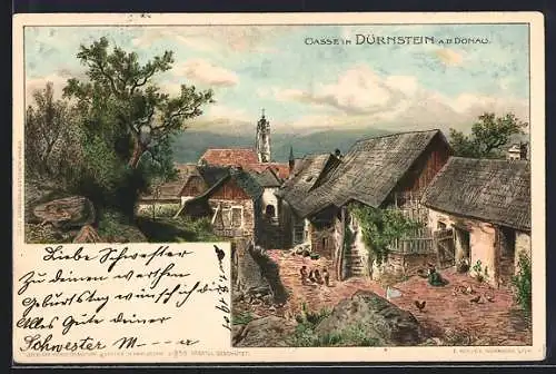 Künstler-AK Dürnstein /Donau, Teilansicht