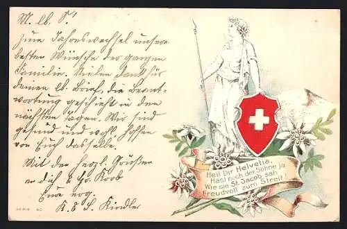 Lithographie Schweiz, Helvetia mit Speer und Schild