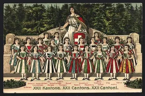Präge-AK Schweiz, Helvetia mit jungen Frauen: Luzern, Basel, Tessin