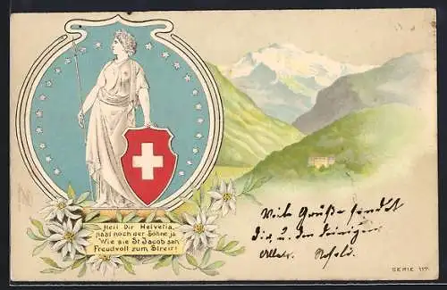 Lithographie Schweiz, Helvetia mit Schweizer Wappen