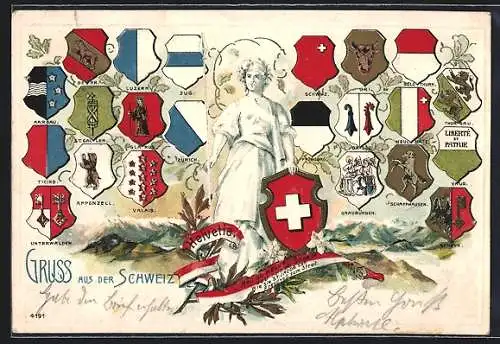 Lithographie Schweiz, Helvetia und Wappen aller Schweizer Kantone
