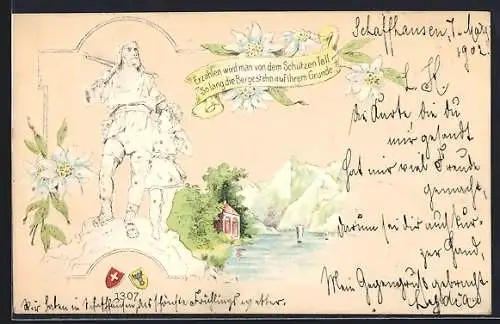 Lithographie Schaffhausen, Uferpartie mit Tell-Denkmal