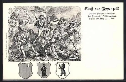 AK Appenzell, 500 Jahre Appenzeller Freiheitskrieg 1405-1905, Schlacht am Stoss, Wappen