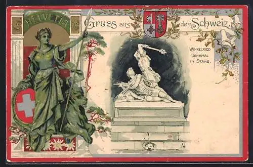 Lithographie Stans, Winkelried-Denkmal, Helvetia mit Speer und Schild