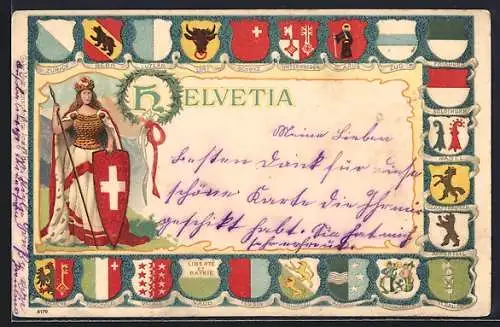 Lithographie Schweiz, Helvetia mit Speer und Schild, Wappen von Vaud, Tessin und Aargau