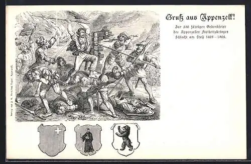 AK Appenzell, 500 Jahre Appenzeller Freiheitskrieg 1405-1905, Schlacht am Stoss, Wappen