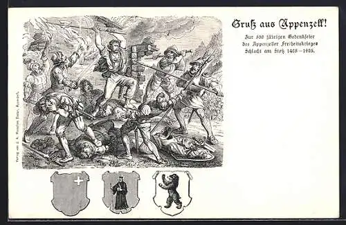 AK Appenzell, 500 Jahre Appenzeller Freiheitskrieg 1405-1905, Schlacht am Stoss, Wappen