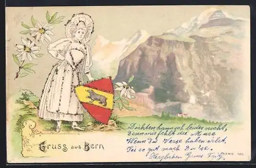 AK Schweiz, Schweizerin in Tracht mit Wappen und Edelweiss vor Bergen