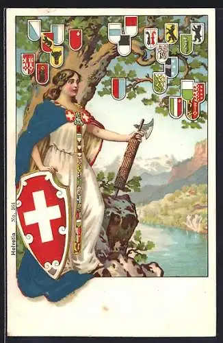 Lithographie Schweiz, Helvetia mit Kantonewappen