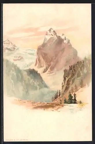 Lithographie Schweiz, Panorama mit Bergen