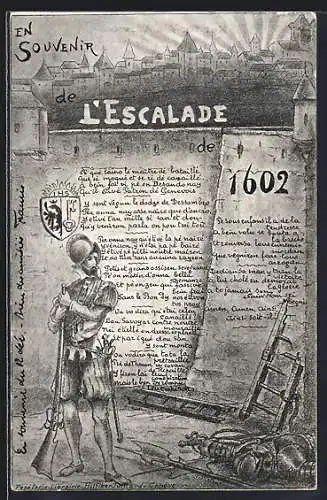 Künstler-AK Genf, L`Escalade de 1602, Teilansicht mit Ritter