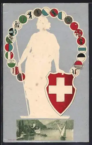 AK Helvetia mit Schweizer Nationalwappen und Wappenkreis