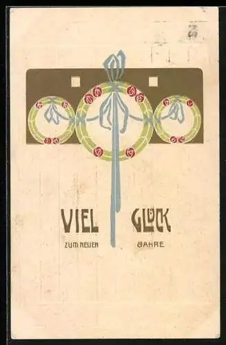 Präge-AK Kränze mit Rosen und Schleifen, Neujahrsgruss, Biedermeier