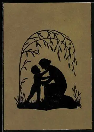 AK Mutter und kleines Kind unter einem Bäumchen, Schattenbild, Journée des Mères