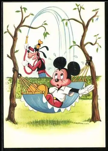 AK Mickey Maus in der Hängematte im Garten