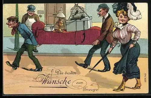 AK Dame mit Umzugshelfern beim Transport von Habseligkeiten