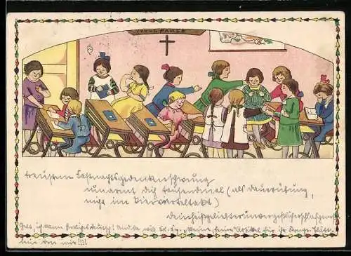 AK Schulpause, Schulkinder im Klassenraum, Kindergroschenkarte