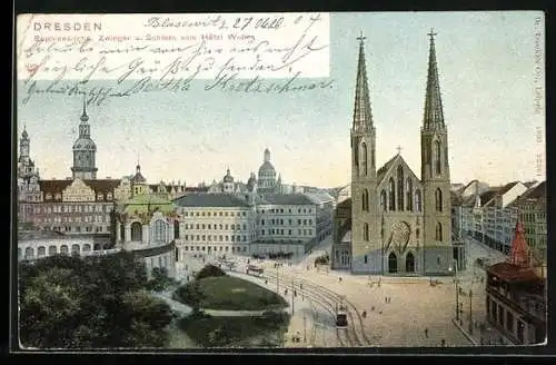 AK Dresden, Zwinger u. Schloss vom Hotel Weber, Strassenbahn