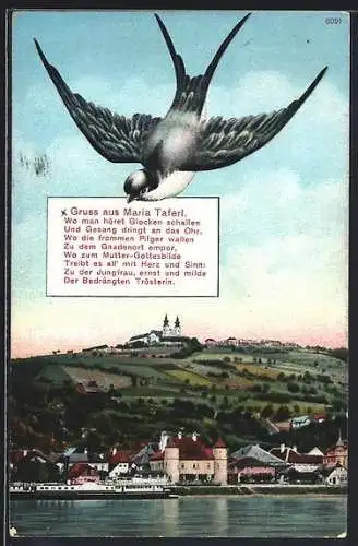 AK Maria Taferl, Uferpartie mit Kirche, Schwalbe