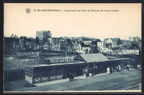 AK Blankenberghe, Panorama du Parc et Station du tram vicinal, Bahnhof