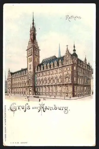 AK Hamburg, Gruss aus Hamburg, Rathaus mit leuchtenden Fenstern, Halt gegen das Licht