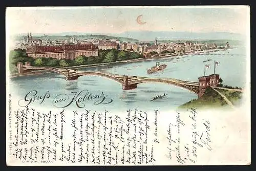 Lithographie Koblenz, Flusspartie mit leuchtendem Mond, Halt gegen das Licht