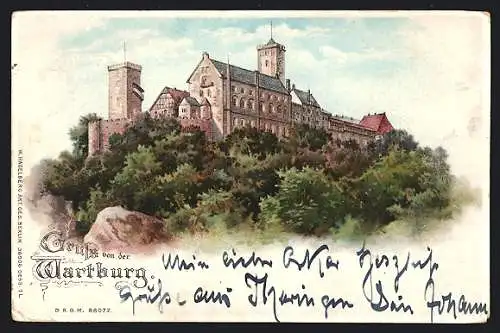Lithographie Eisenach, Wartburg mit leuchtenden Fenstern, Gruss von der Wartburg, Halt gegen das Licht