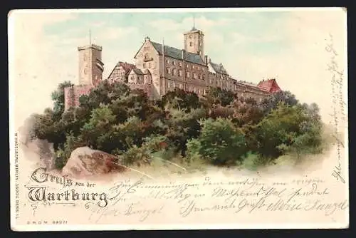 Lithographie Eisenach, Wartburg mit leuchtenden Fenstern, Gruss von der Wartburg, Halt gegen das Licht