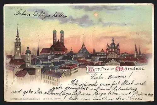 Lithographie München, Blick auf die Stadt bei Sonnenuntergang mit leuchtender Sonne, Halt gegen das Licht