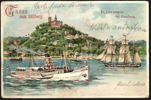 Lithographie Hamburg-Blankenese, Süllberg, Rad-Dampfer, Leuchtende Mondsichel, Halt gegen das Licht