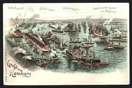Lithographie Hamburg, Hafenansicht mit Elbbrücke, Riesenkrahn und Gasanstalt, Leuchtender Mond, Halt gegen das Licht