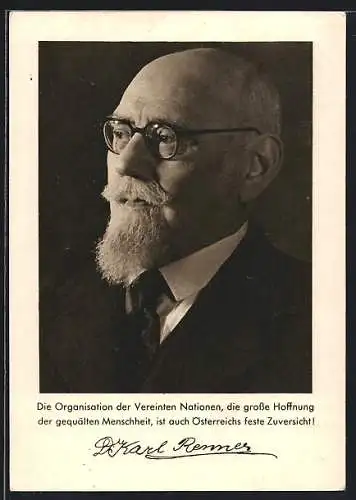 AK Dr. Karl Renner im Anzug mit Brille, Ganzsache