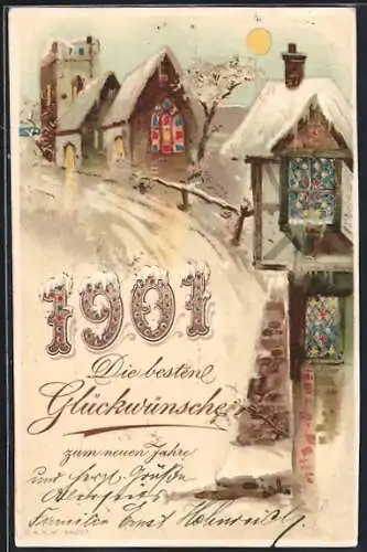 Lithographie Jahreszahl 1901, Häuser und Kirche mit beleuchteten Fenstern, Halt gegen das Licht