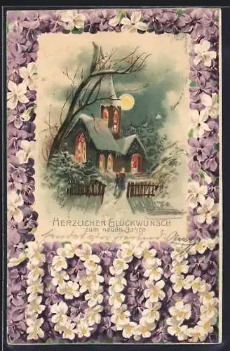 AK Neujahrsgruss mit Jahreszahl 1905, Kirche mit leuchtenden Fenstern, Halt gegen das Licht