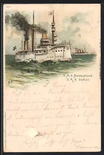Künstler-AK A. Heide: Kriegsschiff S.M.S. Deutschland, S.M.S. Gefion