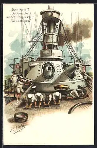 Künstler-AK Johann Georg Siehl-Freystett: Deckwaschen auf S.M. Panzerschiff Weissenburg