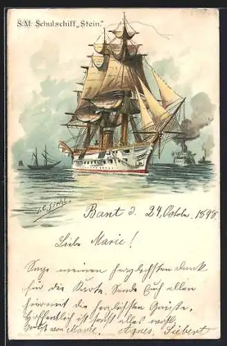 Künstler-AK Johann Georg Siehl-Freystett: SM Schulschiff Stein auf See