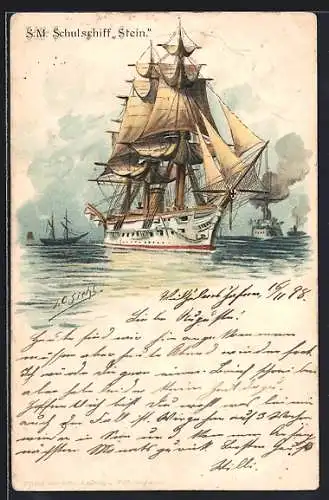 Künstler-AK Johann Georg Siehl-Freystett: SM Schulschiff Stein auf See