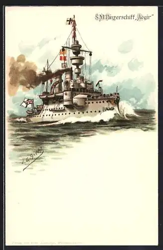 Künstler-AK Johann Georg Siehl-Freystett: SM Panzerschiff Aegir mit Reichskriegsfahne