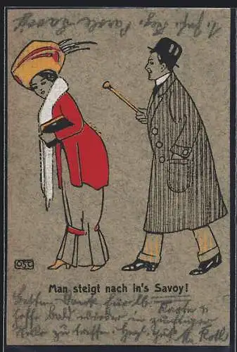 Künstler-AK Oskar Petersen: Mann in Mantel mit Gehstock und Frau mit grossem Hut, Man steigt nach in`s Savoy