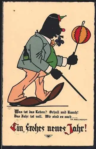 Künstler-AK Oskar Petersen: Clown mit Kleeblatt und Bierflasche, Ein frohes neues Jahr