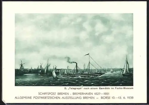 Künstler-AK Bremen, Allg. Postwertzeichen-Ausstellung 1938, Unterweserfahrt 44. Deutschen Philatelisten-Tag, Ganzsache