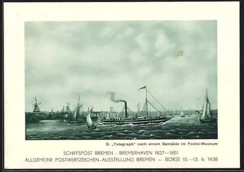 Künstler-AK Bremen, Allg. Postwertzeichen-Ausstellung 1938, Unterweserfahrt 44. Deutschen Philatelisten-Tag, Ganzsache