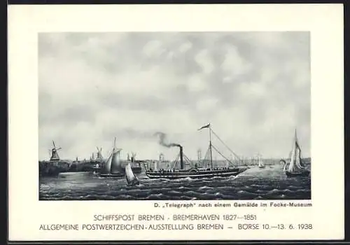 Künstler-AK Bremen, Allg. Postwertzeichen-Ausstellung 1938, Unterweserfahrt 44. Deutschen Philatelisten-Tag, Ganzsache